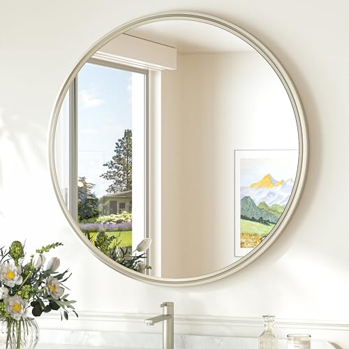 TokeShimi 24 Inch Circle Bathroom Mirror Brushed Nickel, Tempered Round Wall Mirror, Shatterproof 24x24 Hanging Wall Mirrored Farmhouse for Bedroom, Entryway, Restroom, Vanity, Living Room - Image 1