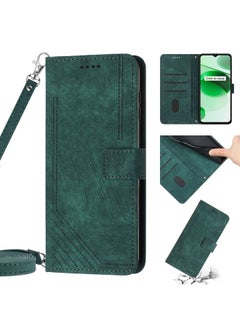 HuHa Case Cover Skin Feel Stripe Pattern Leather Phone Case with Lanyard for Realme C12 / C15 / C25 / C25s / 7i Global / Narzo 20 / Narzo 30A Green 