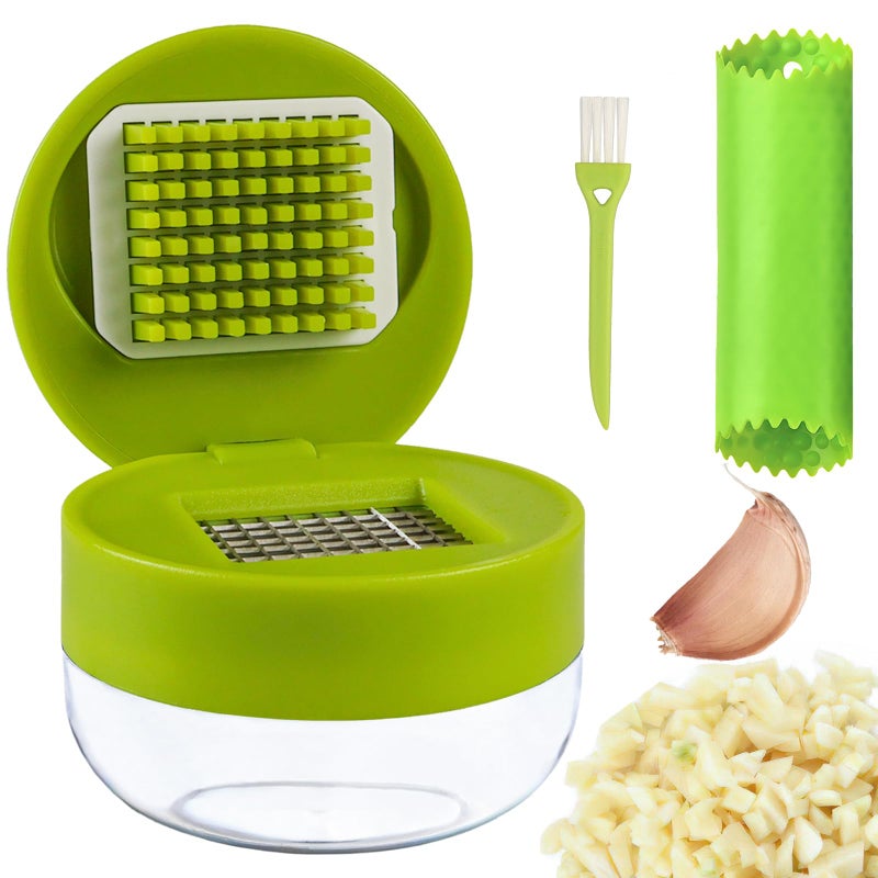 Deftomo Garlic Press Stainless Steel, Garlic Mincer Tool with Storage Container, Garlic Chopper with Peeler Skin and Cleaning Brush - Image 1