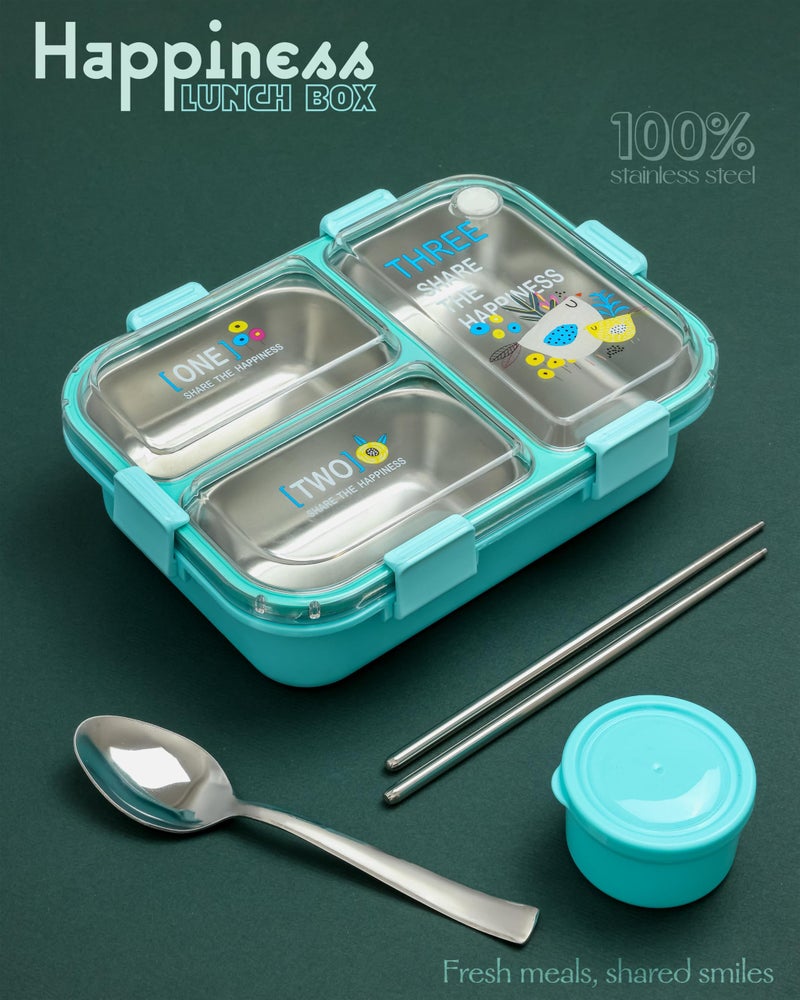 Brand Conquer Lunch Box Leak-Proof BPA Free Stainless Steel for School, Lunch Box for School & Office with a Fork, a Spoon and a Pair of Chopsticks (Classic Blue, Happiness 3 Compartment Lunch Box) - Image 2