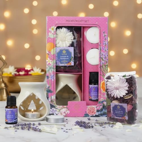 EKAM Ceramic Oil Warmer & Potpourri Gift Set | Lavender & Sandalwood Fragrance | Ideal for Home Décor, Aromatherapy & Festive Gifting - Image 1