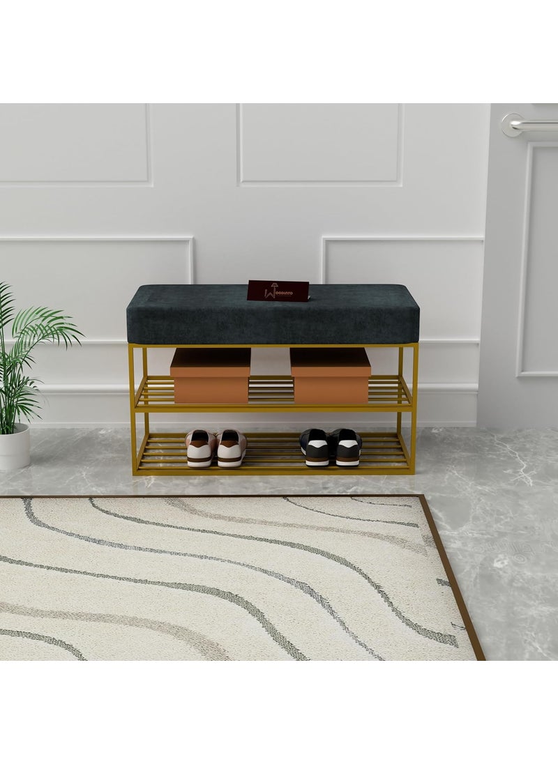 WooDinto WooDinto Stylish Exclusively Upholsered Metal Bench for Living Room Shoes Rack for Store Room Ottoman Storage Bench for Entryway Size 30 L x 14 W x 14 H Grey Golden 