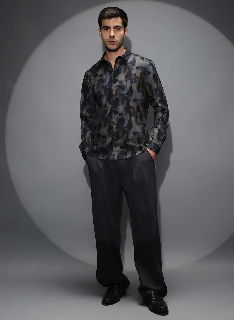 Campus Sutra Campus Sutra Men's Blue & Black Fray-Stroke Imprint Shirt For Casual Wear | Spread Collar | Long Cuffed Sleeves | Button Closure | Shirt Shirt Crafted With Comfort Fit For Everyday Wear
