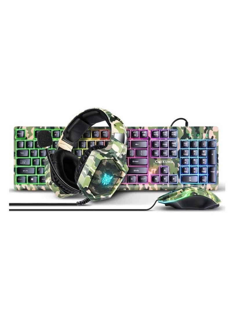 ONIKUMA TZ3003 3-IN-1 RGB WIRED KEYBOARD MOUSE HEADSET GAMING COMBO (CAMO GREEN) - Image 1