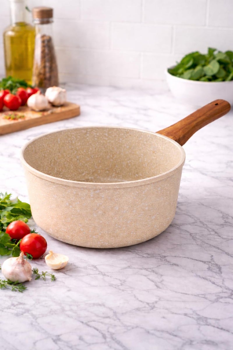 Non-Stick Saucepan Cooking Pot with Wooden Handle, Granite Speckled Coating, Milk Pan for Sauce, Soup & Pasta, Easy Clean (White, 1.2, Liters) - Image 1