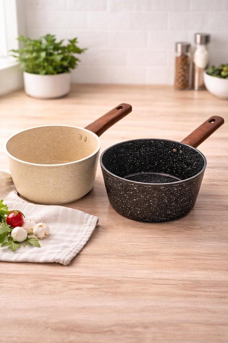 Non-Stick Saucepan Cooking Pot with Wooden Handle, Granite Speckled Coating, Milk Pan for Sauce, Soup & Pasta, Easy Clean (White, 1.2, Liters) - Image 5