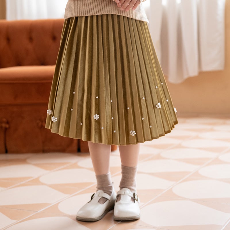 Girls Velvet Pleated A-Line Skirt Autumn 20056 Champagne 