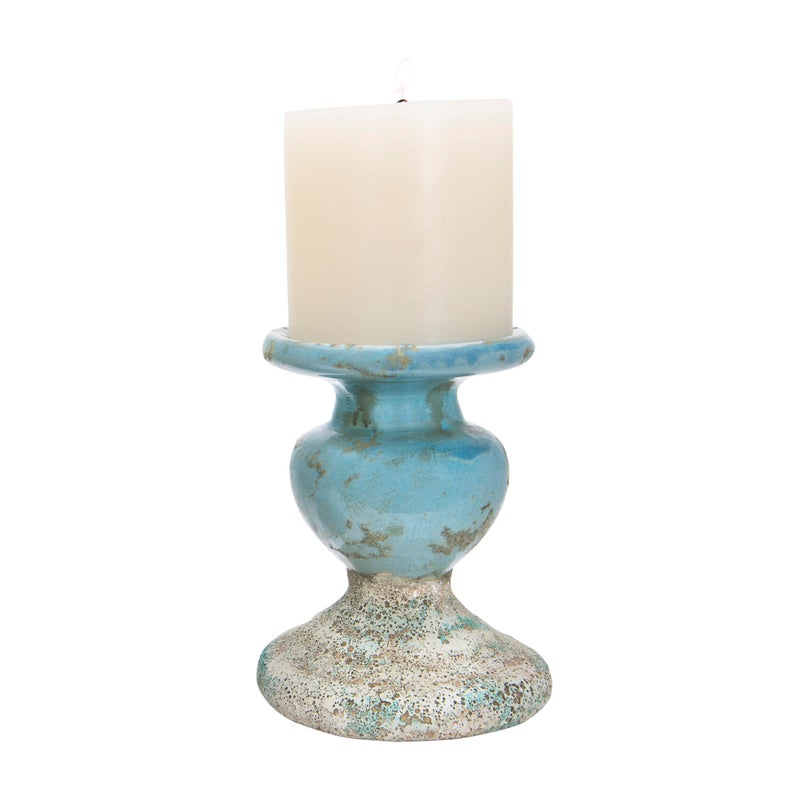 Creative Co-Op Large Distressed Blue Terracotta Pillar Candle Holder - Image 1