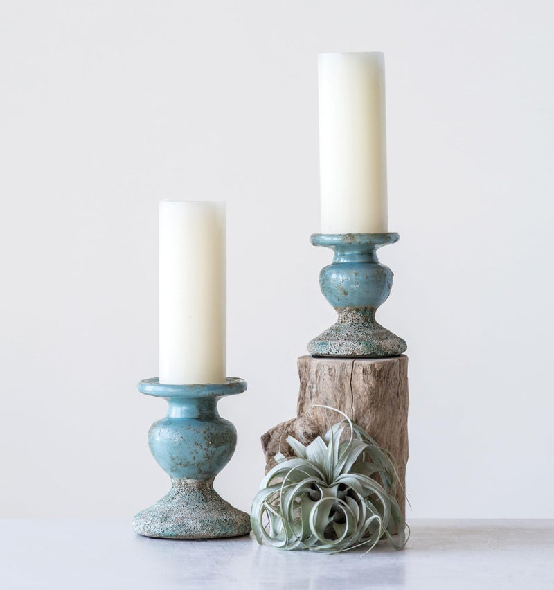 Creative Co-Op Large Distressed Blue Terracotta Pillar Candle Holder - Image 3