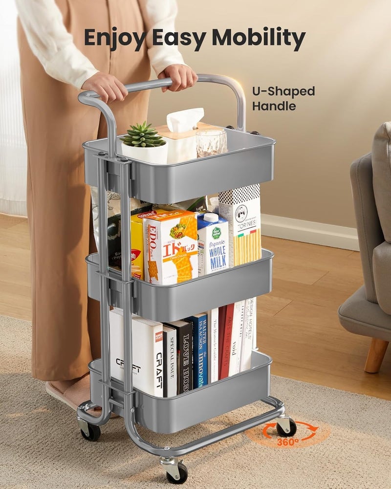 Pipishell 3 Tier Mesh Utility Cart, Rolling Metal Organization Cart with Handle and Lockable Wheels, Multifunctional Storage Shelves for Kitchen Living Room Office Grey - Image 4