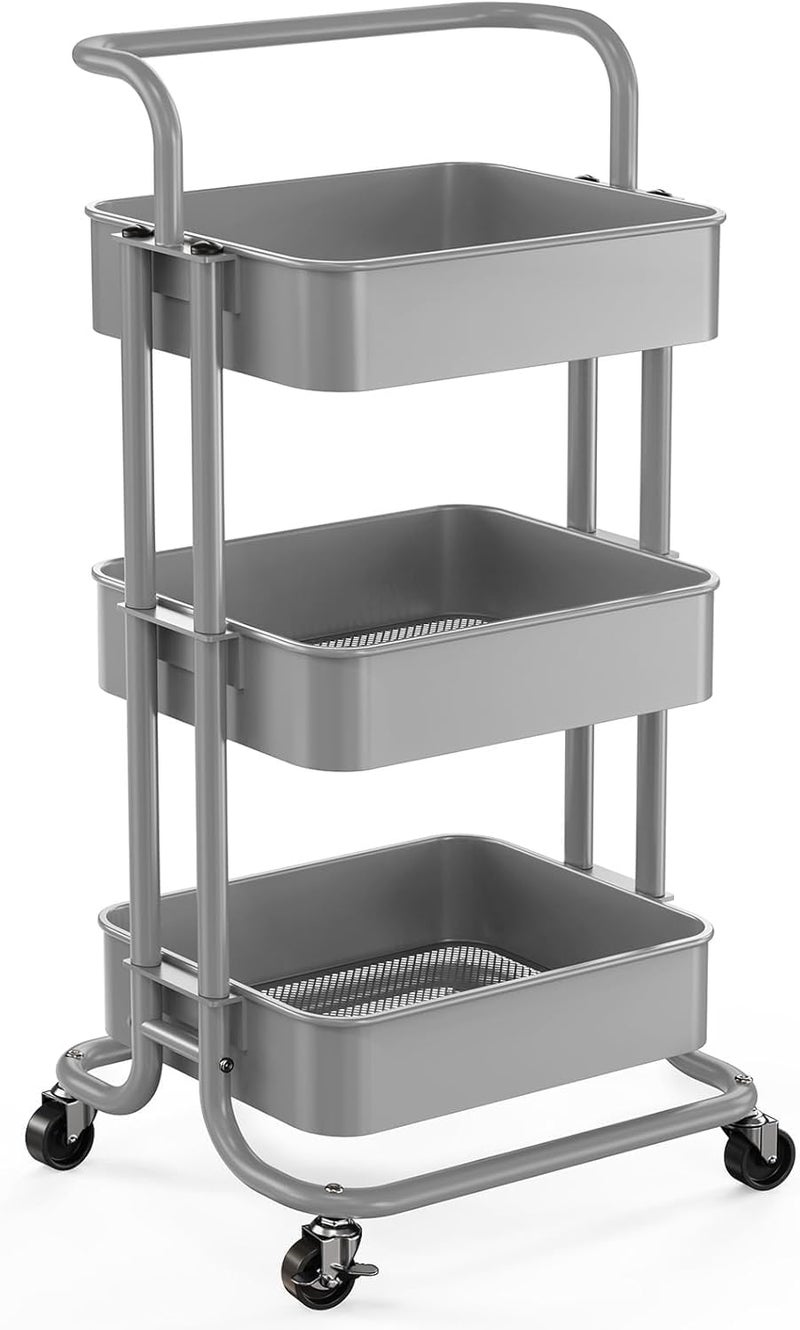 Pipishell 3 Tier Mesh Utility Cart, Rolling Metal Organization Cart with Handle and Lockable Wheels, Multifunctional Storage Shelves for Kitchen Living Room Office Grey - Image 1