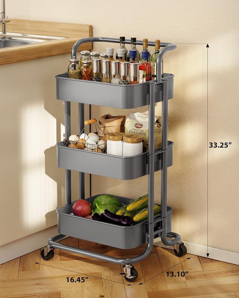 Pipishell 3 Tier Mesh Utility Cart, Rolling Metal Organization Cart with Handle and Lockable Wheels, Multifunctional Storage Shelves for Kitchen Living Room Office Grey - Image 3