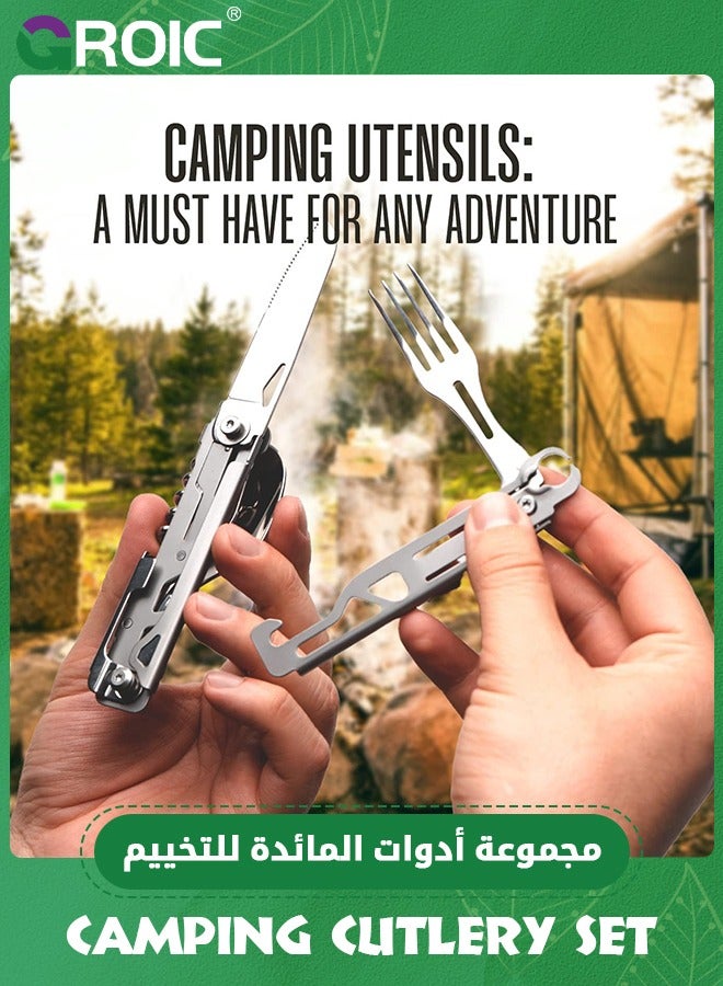 GROIC Camping Utensils, 6 In 1 Stainless Steel, Safety Locking Camping Accessories, Durable Compact Multi Tool For Camping With Knife, Spoon, Fork, Bottle Opener, Wine opener, Can Opener  - Image 2