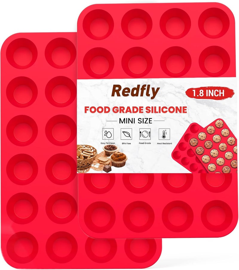 Redfly 24-Cup Silicone Mini Muffin Pan – 2 Pack Cupcake & Muffin Baking Tin Cupcake Pans - Image 1