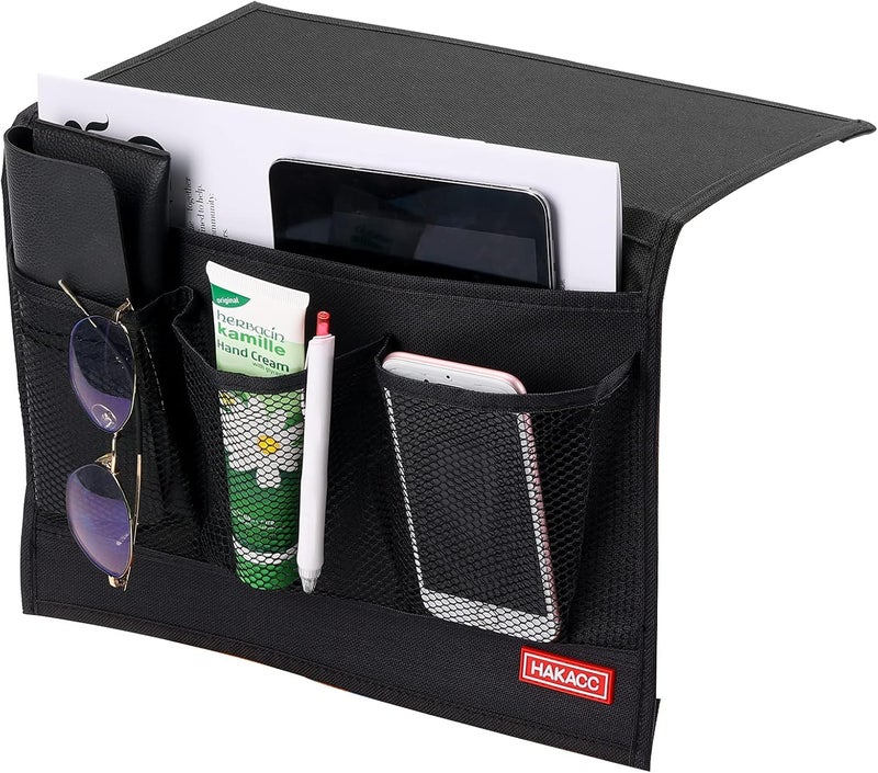 HAKACC Bedside Storage Organizer with Pockets，Bedside Caddy,Remote Control Holder Armchair Couch Caddy Sofa Armrest Bag，bed accessories,Black - Image 1