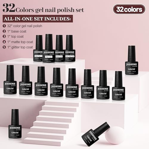JODSONE 36 PCS Gel Nail Polish Set-32 Colors Gel Polish Kit Base Coat Glossy Matte and Glitter Top Coat Nail Polish Set Green Blue Red Pink Collection Gifts for Women - Image 2
