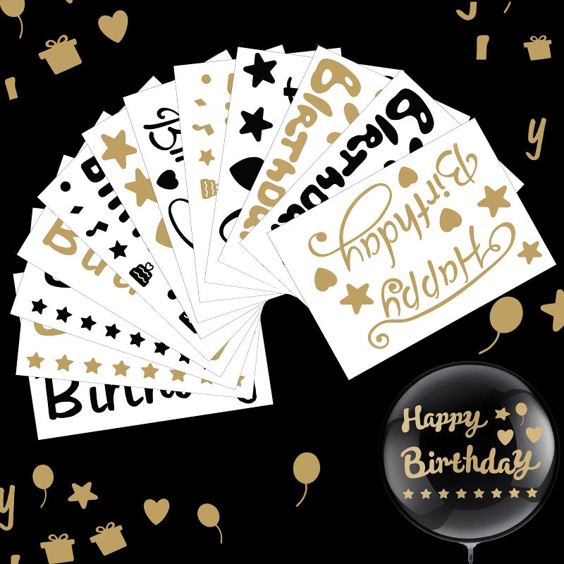 Outus 12 Pcs Balloon Sticker Party PVC Letter Stickers Bobo Balloon Decals Birthday Paster for DIY Mother's Day Wedding Party Decoration Supplies(Black Gold,Happy Birthday) - Image 1