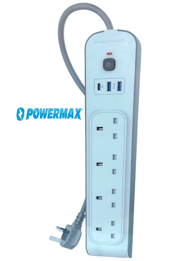 PowerMax 7-in-1 Power Strip 3 Meters with 4 Power Outlets and 3 USB + USB-C Ports - Image 1