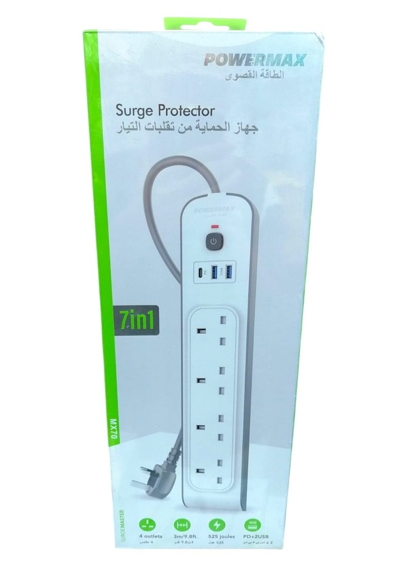PowerMax 7-in-1 Power Strip 3 Meters with 4 Power Outlets and 3 USB + USB-C Ports - Image 2