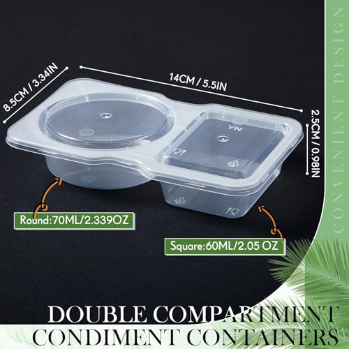 Blushtier 100 Pcs 5 oz Double Compartment Snack Containers with Lids Clear 2 Compartment Small Disposable Plastic Snack Box Container for Sauce Salad Travel Sampling - Image 2
