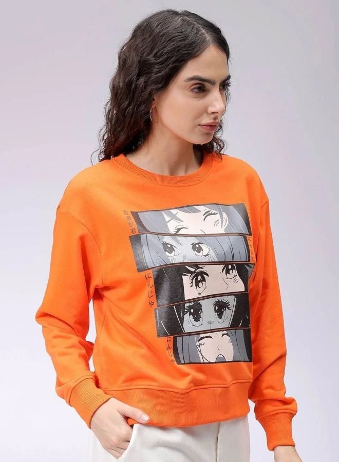 Freehand Women Relaxed Fit Anime Printed Crew Neck Long Sleeve Crewneck Sweatshirt