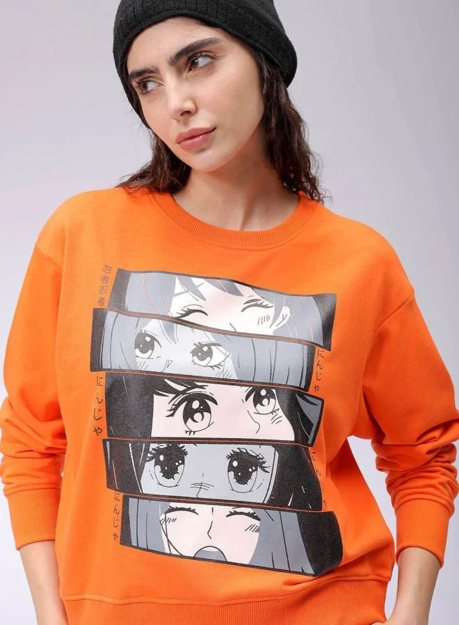 Freehand Women Relaxed Fit Anime Printed Crew Neck Long Sleeve Crewneck Sweatshirt