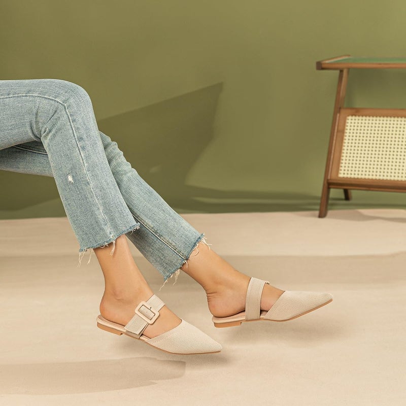 Meknitva Pointed Toe Mules for Women Flatsï¼ŒSlip On Mules Backlessï¼ŒWide Width Mulesï¼Œ Mule Slides for Women Flats Sandals Beige Size 10 - Image 3