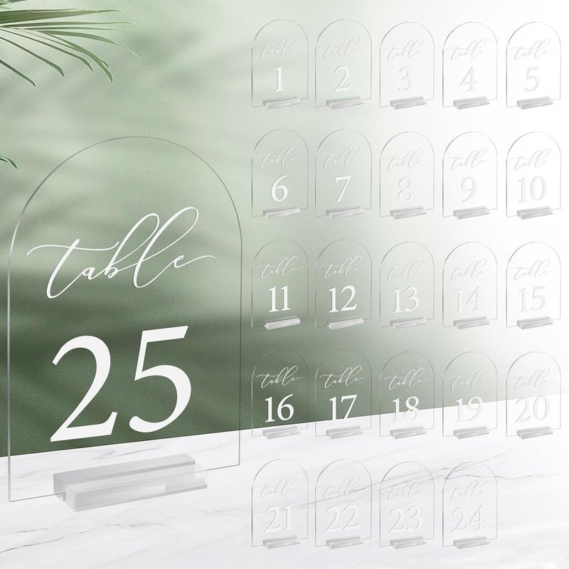 SOVQUEST Arch Wedding Table Number 1-25 Clear Acrylic Tabletop Signs 5x7 Inch with Holder for Wedding Parties Anniversaries Reception Cafe Hotel Party Bar Business Event (1-25) - Image 1
