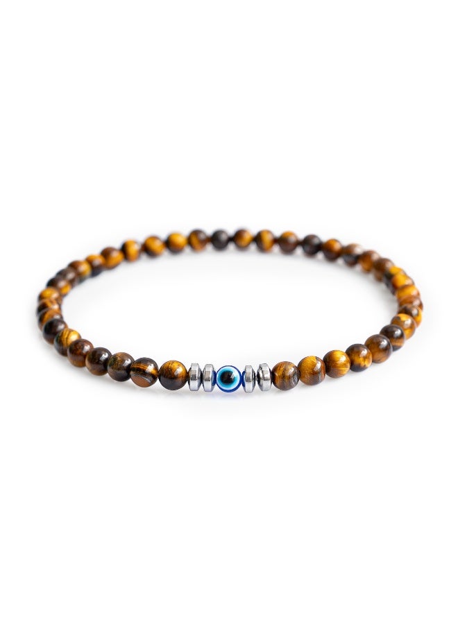 Evil Eye Bracelet for Men – 4mm Natural Stone Stretch Adjustable Beaded Bracelet – Tiger Eye – Protection & Good Luck – 16.5-19 cm - Image 1