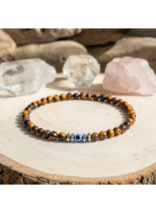 Evil Eye Bracelet for Men – 4mm Natural Stone Stretch Adjustable Beaded Bracelet – Tiger Eye – Protection & Good Luck – 16.5-19 cm - Image 2