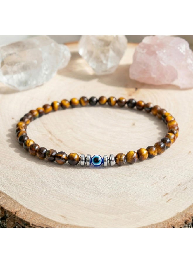 Evil Eye Bracelet for Men – 4mm Natural Stone Stretch Adjustable Beaded Bracelet – Tiger Eye – Protection & Good Luck – 16.5-19 cm - Image 4