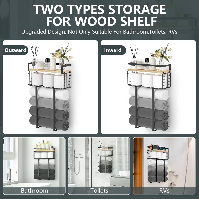 Xstydes Towel Racks for Bathroom, Metal Towel Holder with Storage Basket,Wall Towel Rack for Rolled Towels, Towel Storage for Small Bathroom. - Image 3