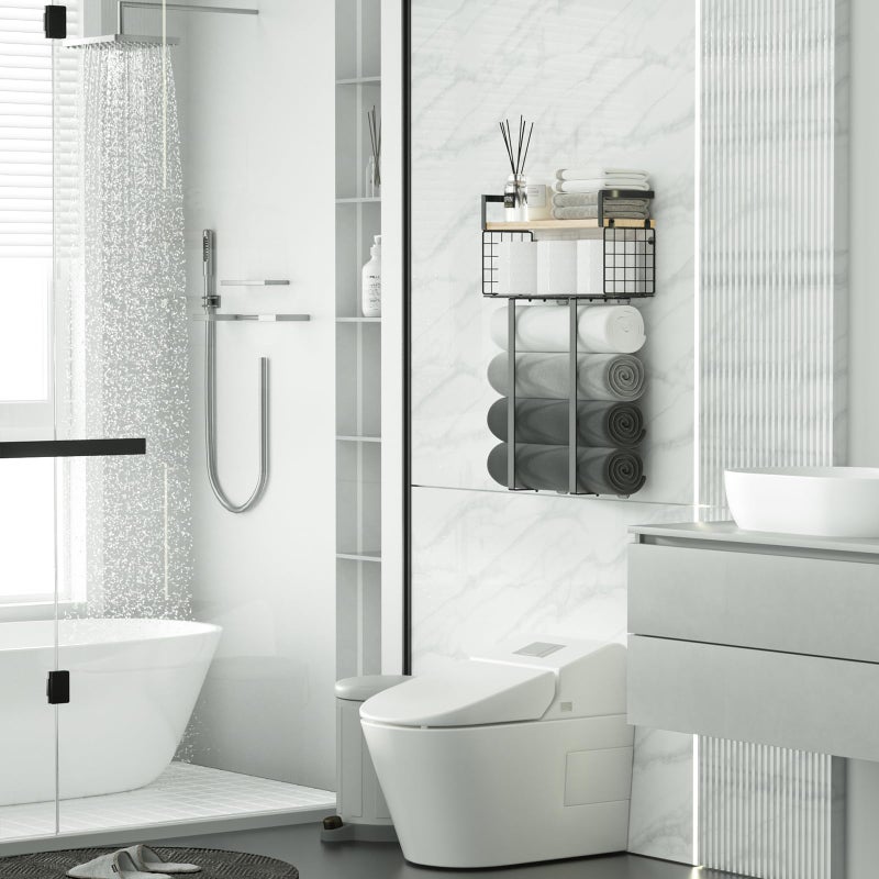 Xstydes Towel Racks for Bathroom, Metal Towel Holder with Storage Basket,Wall Towel Rack for Rolled Towels, Towel Storage for Small Bathroom. - Image 2