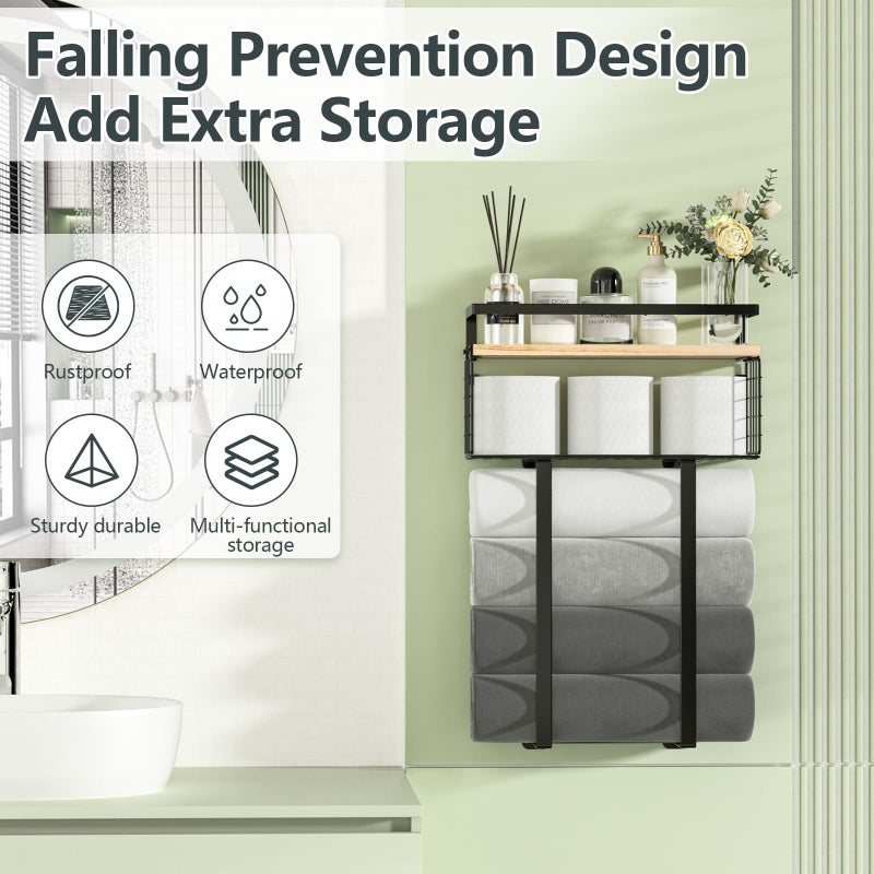 Xstydes Towel Racks for Bathroom, Metal Towel Holder with Storage Basket,Wall Towel Rack for Rolled Towels, Towel Storage for Small Bathroom. - Image 4