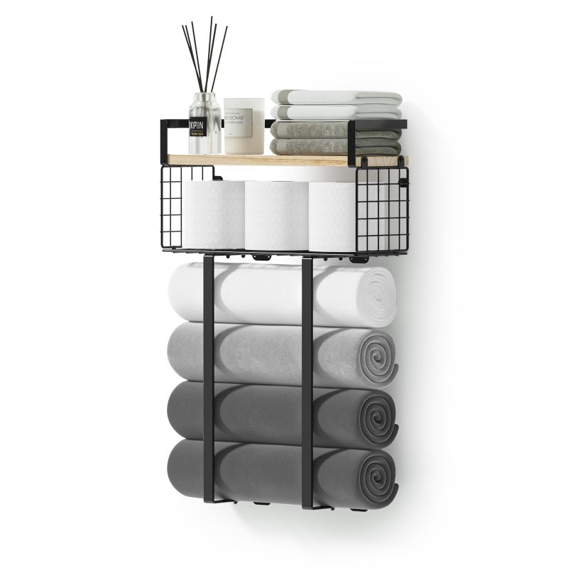 Xstydes Towel Racks for Bathroom, Metal Towel Holder with Storage Basket,Wall Towel Rack for Rolled Towels, Towel Storage for Small Bathroom. - Image 1