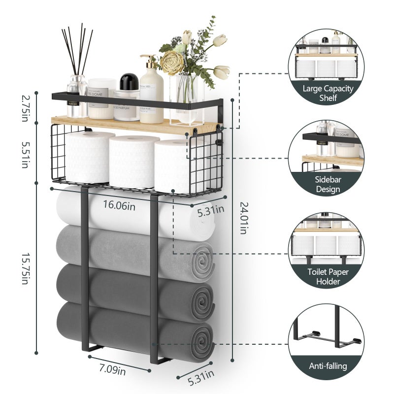 Xstydes Towel Racks for Bathroom, Metal Towel Holder with Storage Basket,Wall Towel Rack for Rolled Towels, Towel Storage for Small Bathroom. - Image 5