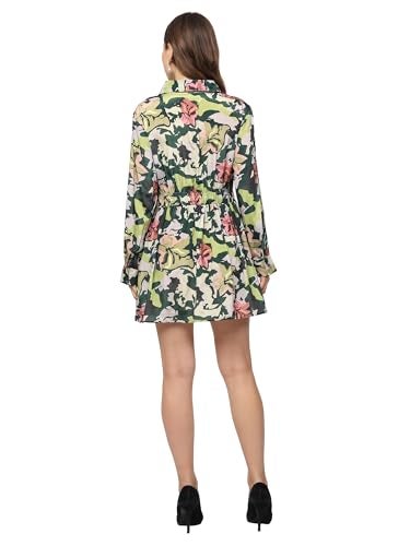 Yash Gallery Women's Polyester Button Down Collar Floral Printed Tunic Full Sleeve Mini Shirt Dress (Green, L) - Image 4