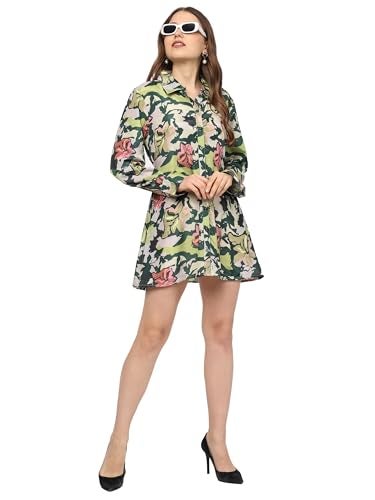 Yash Gallery Women's Polyester Button Down Collar Floral Printed Tunic Full Sleeve Mini Shirt Dress (Green, L) - Image 5