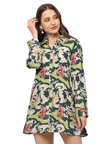 Yash Gallery Women's Polyester Button Down Collar Floral Printed Tunic Full Sleeve Mini Shirt Dress (Green, L) - Image 1