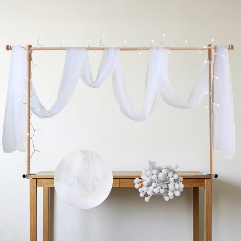 Beyeutao Beyeutao Wooden Over The Table Rod Stand with White Mesh Curtain L275 W63 Adjustable Wood Balloon Arch Stand H1045 W1590 Table Rod Stand with clamps for Birthday Wedding