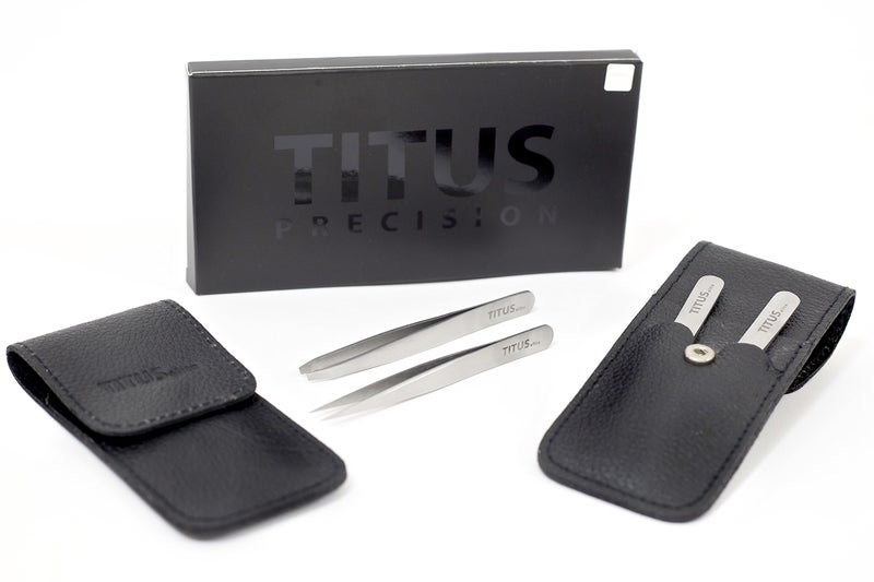 Titus Elite Luxury Twin Pack Premium Grade Slant Tip Splinter Tip Tweezers with Leather Case Grooming Gift Set for Teens and Adults Useful Stocking Stuffers Gifts for Men and Women