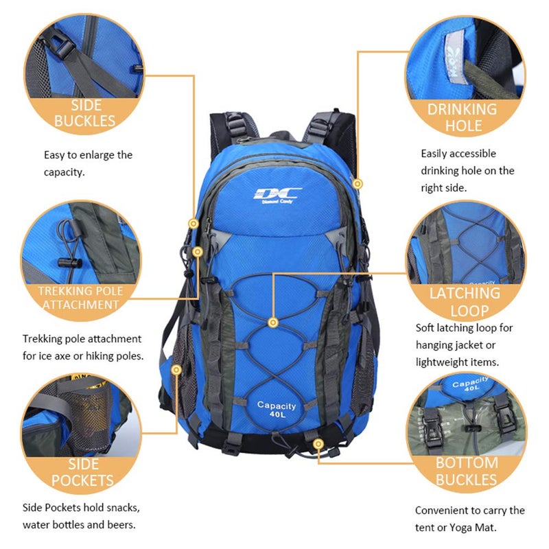 Diamond Candy Waterproof Hiking Backpack for Men and Women, Lightweight Day Pack for Travel Camping, Darkblue, 40L - Image 2
