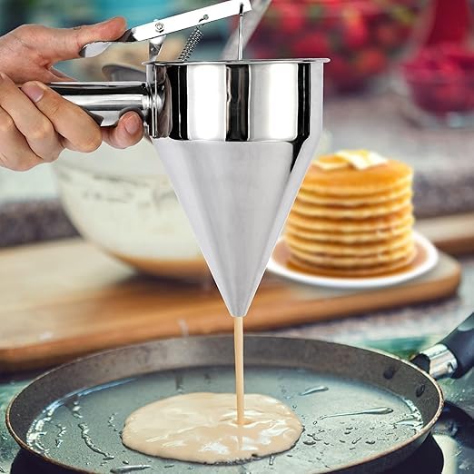 Shrux Shrux Stainless Steel Pancake Batter Dispenser with Stand Easy MessFree Baking Tool for Takoyaki Balls Pancakes Cupcakes Ghevar Jalebi Vada And More Cake And Dessert Decorative Funnel1Pcs  - Image 4