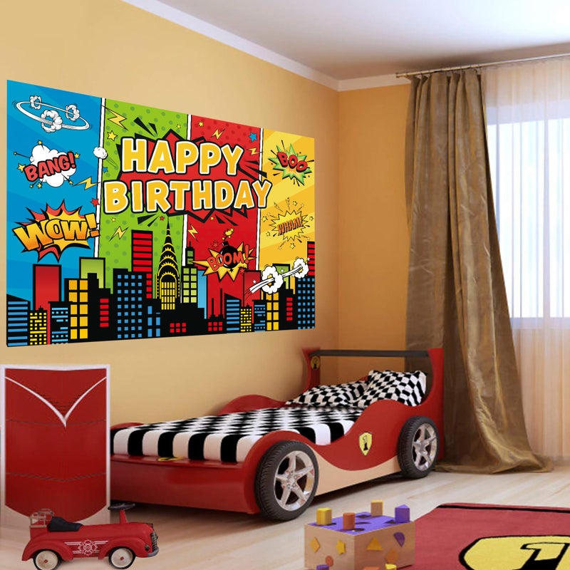 QIEXI 5x3ft Cartoon Super City Backdrop Superhero Birthday Theme Decoration Banner for Children Boys Heros Comic Party Decorations Urban Cityscape Night View Boom City Buildings Background - Image 3