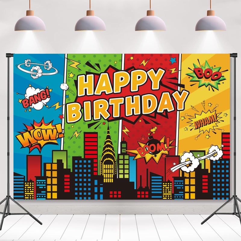 QIEXI 5x3ft Cartoon Super City Backdrop Superhero Birthday Theme Decoration Banner for Children Boys Heros Comic Party Decorations Urban Cityscape Night View Boom City Buildings Background - Image 1