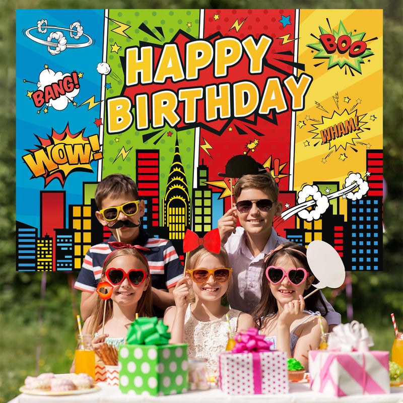 QIEXI 5x3ft Cartoon Super City Backdrop Superhero Birthday Theme Decoration Banner for Children Boys Heros Comic Party Decorations Urban Cityscape Night View Boom City Buildings Background - Image 5