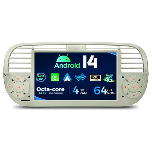 Xtrons إكسترانز لفيات 500 (2007-2015) راديو بشاشة تعمل باللمس، ستيريو سيارة أندرويد 13 بحجم 7 إنش لاستبدال فيات 500 وحدة رأس بلوتوث مع DSP مدمج، كار بلاي، أندرويد أوتو 4+64 جيجابايت (كريم) - Image 1