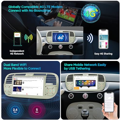 Xtrons إكسترانز لفيات 500 (2007-2015) راديو بشاشة تعمل باللمس، ستيريو سيارة أندرويد 13 بحجم 7 إنش لاستبدال فيات 500 وحدة رأس بلوتوث مع DSP مدمج، كار بلاي، أندرويد أوتو 4+64 جيجابايت (كريم) - Image 3