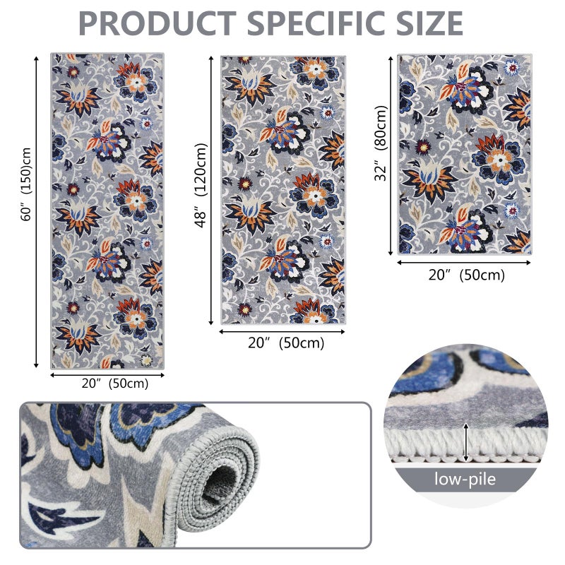 Homcomoda Kitchen Rugs Sets 3 Piece with Runner Non Slip Washable Kitchen Mats for Floor 3 Piece Grey Kitchen Rug Sets Boho Carpet Runner for Kitchen Hallway Laundry Room - Image 1