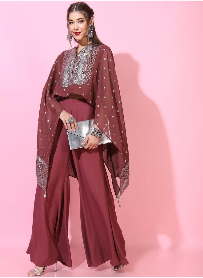 Vishudh Women Georgette Printed Cape Top with Palazzo by Styli  - Image 1